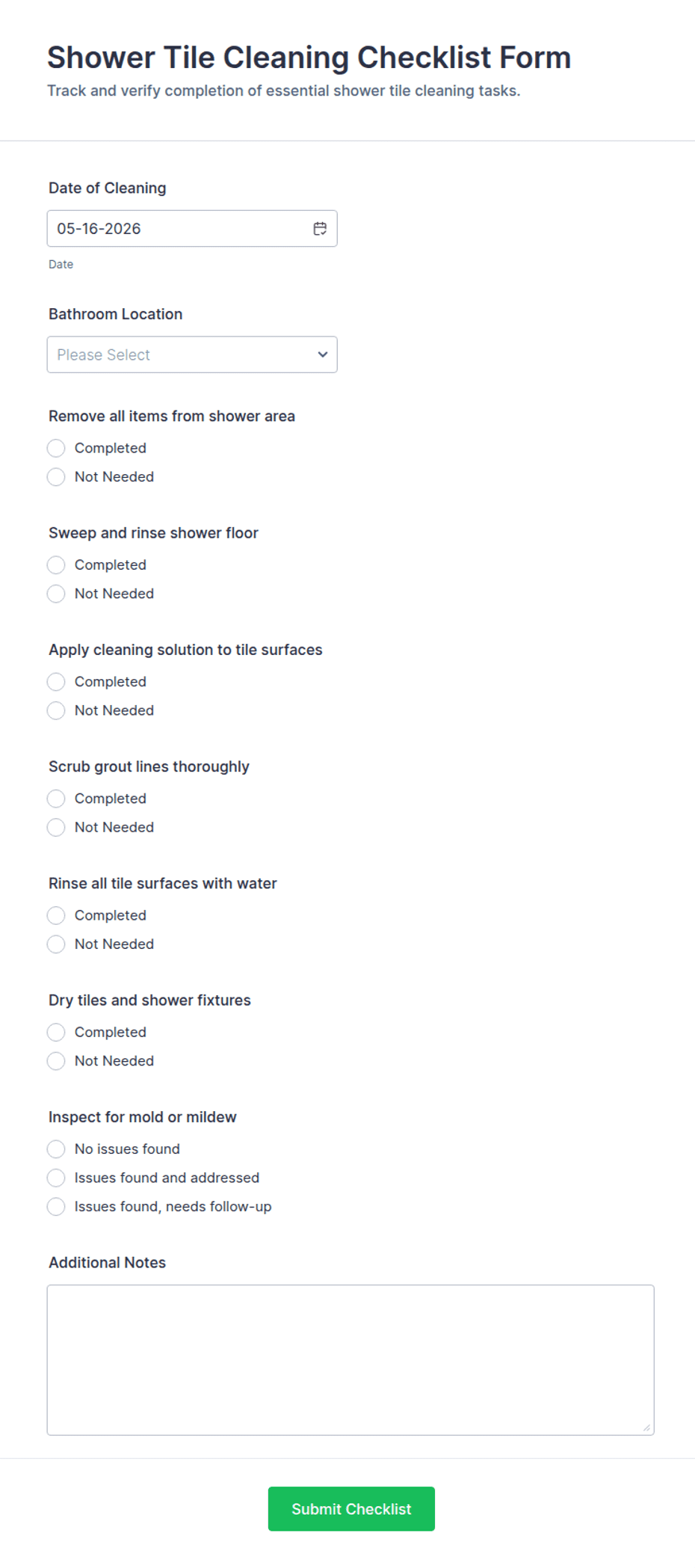 Shower Tile Cleaning Checklist Form Template | Jotform