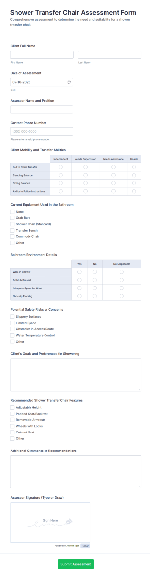 Shower Transfer Chair Assessment Form Template