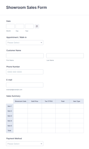 Showroom Sales Form Template