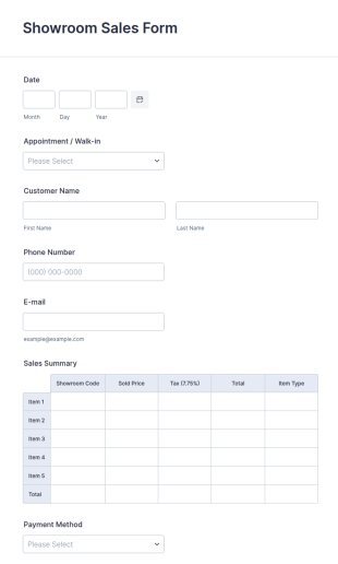 Showroom Sales Form Template