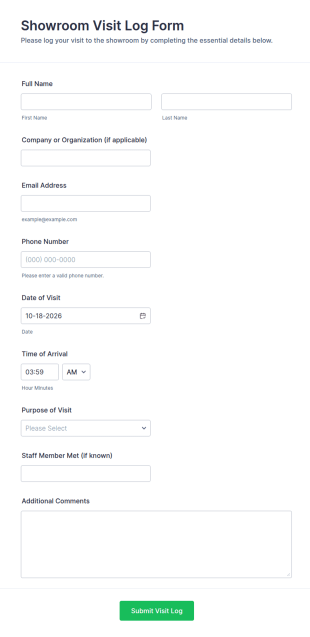 Showroom Visit Log Form Template