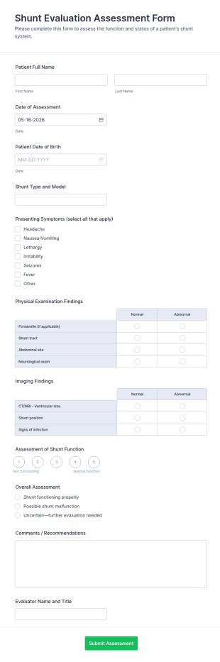 Shunt Evaluation Assessment Form Template