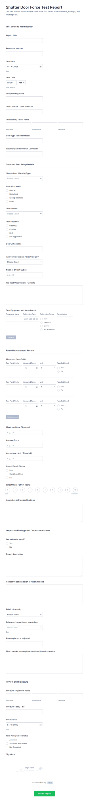 Shutter Door Force Test Report Form Template