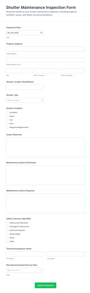 Shutter Maintenance Inspection Form Template