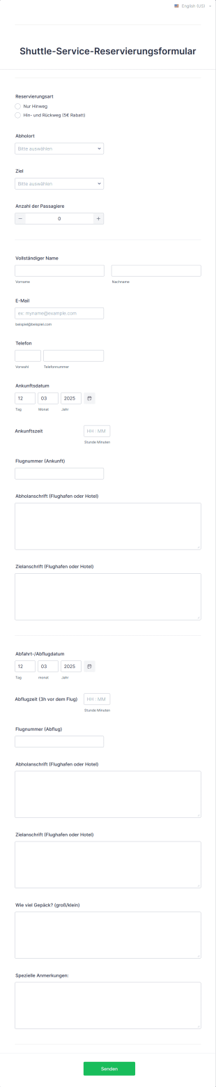 Shuttle Service Reservierungsformular Form Template
