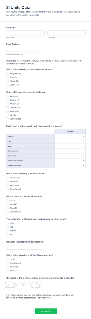 SI Units Quiz Form Template