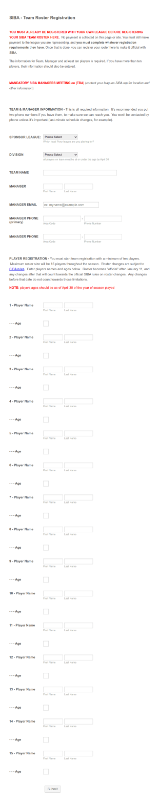SIBA Team Registration Form Template