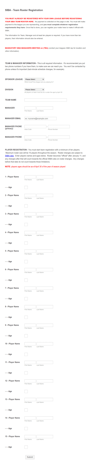 SIBA Team Registration Form Template
