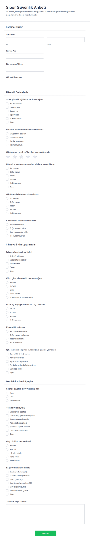 Siber Güvenlik Anketi Form Şablonu