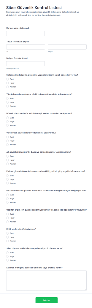 Siber Güvenlik Kontrol Listesi Form Şablonu