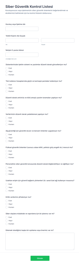 Siber Güvenlik Kontrol Listesi Form Şablonu
