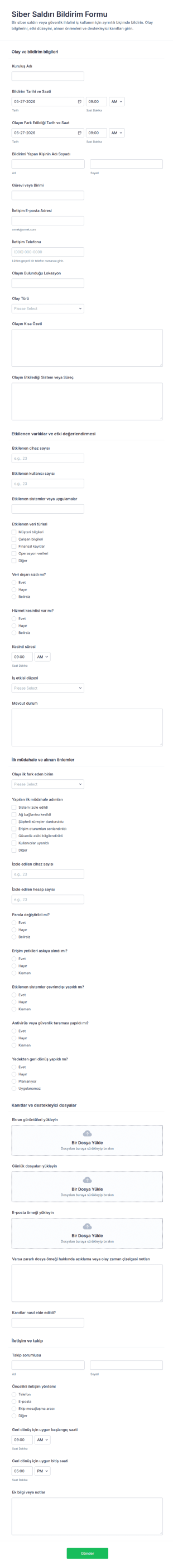 Siber Saldırı Raporu Anketi Form Şablonu