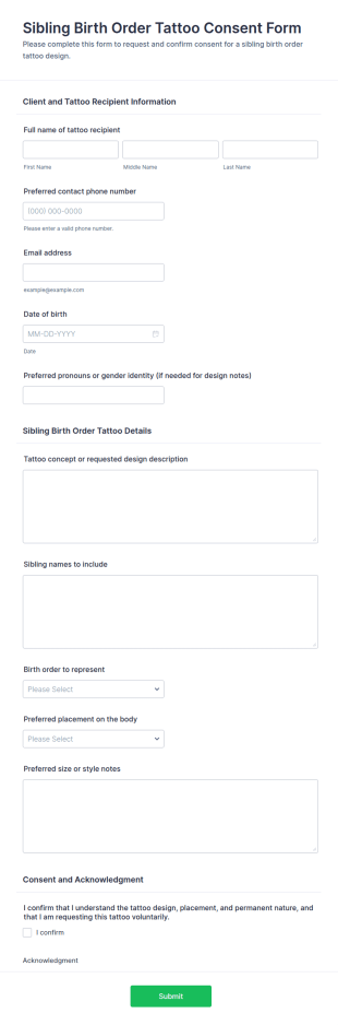 Sibling Birth Order Tattoo Consent Form Template