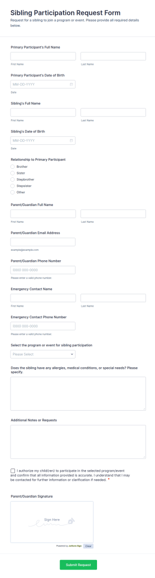 Sibling Participation Request Form Template