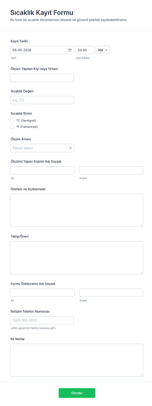 Sıcaklık Kaydı Form Şablonu