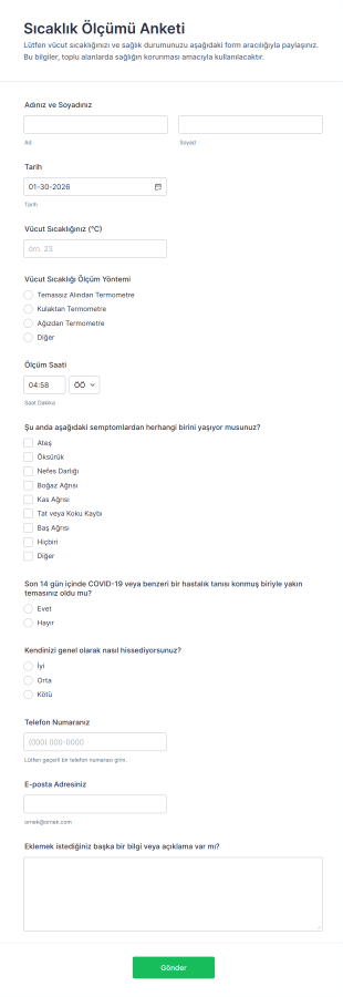 Sıcaklık Ölçümü Anketi Form Şablonu