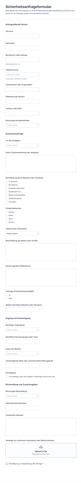 Sicherheitsanfrage Formular