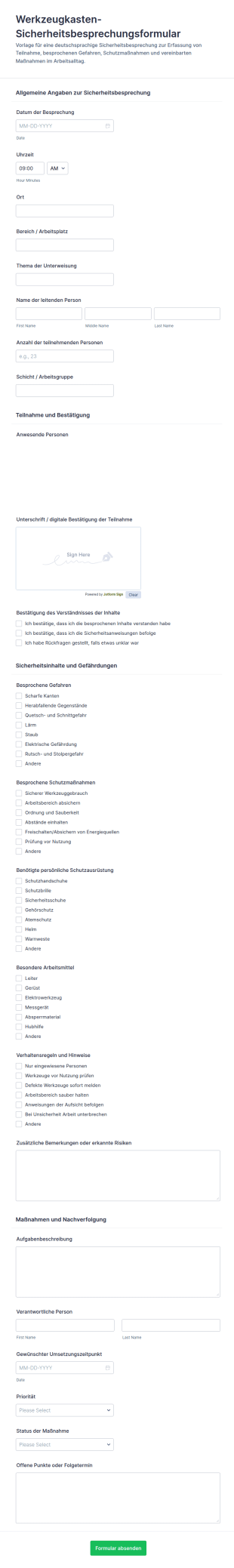 Sicherheitsbesprechungsformular Für Werkzeuge