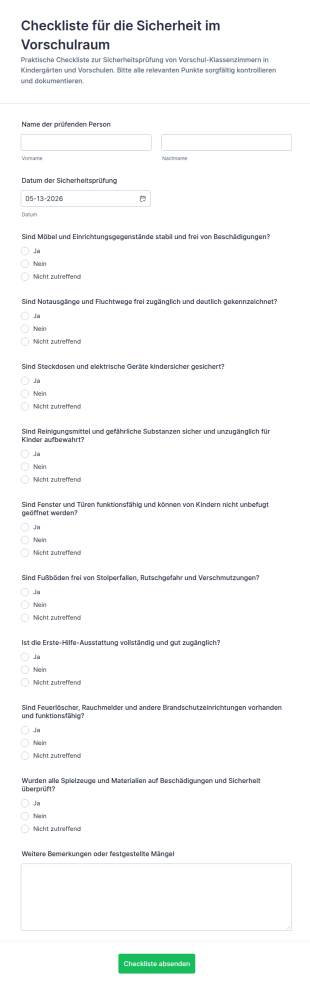 Sicherheitscheckliste Für Vorschulklassenform