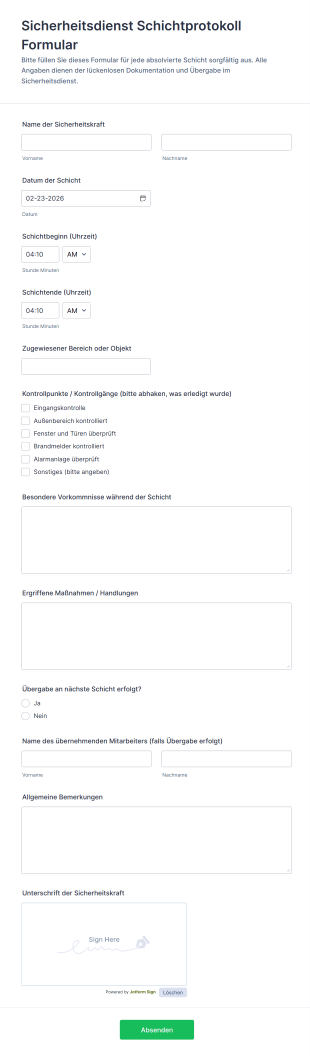 Sicherheitsdienst Schichtprotokoll Formular