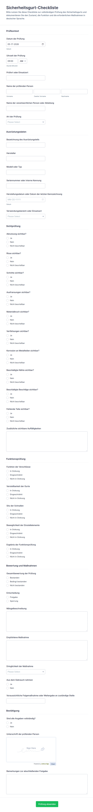Sicherheitsgurt Inspektionscheckliste Formular