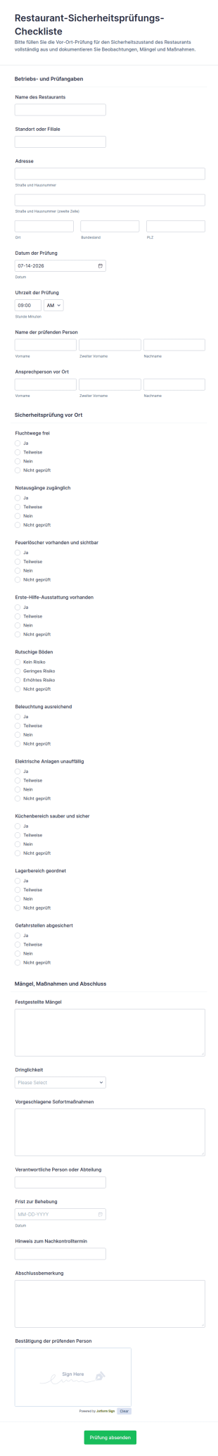 Sicherheitsüberprüfung Für Restaurantstandorte Form