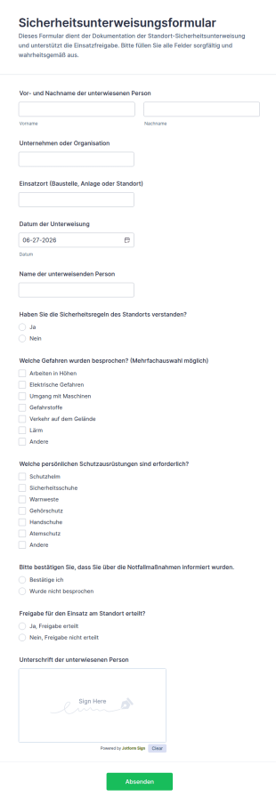 Sicherheitsunterweisung Für Den Standort Form
