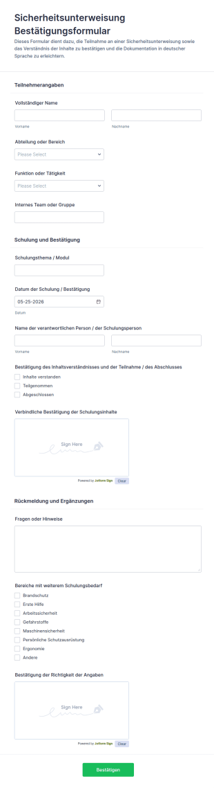 Sicherheitsunterweisungsbestätigung Formular