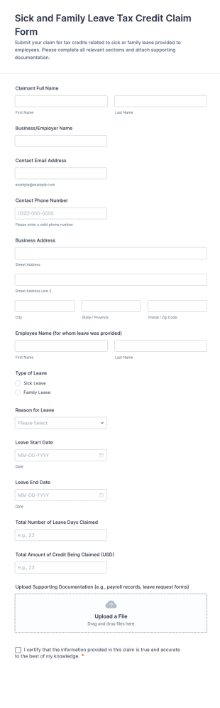 Sick And Family Leave Tax Credit Claim Form Template