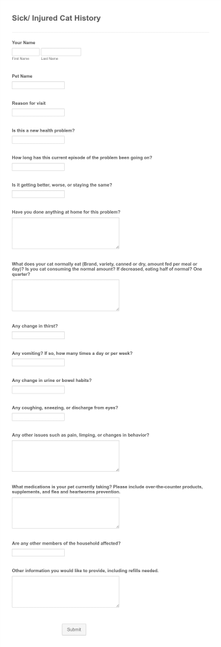 Sick/ Injured Cat History Form Template