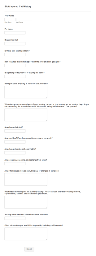 Sick/ Injured Cat History Form Template