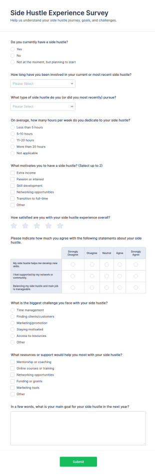 Side Hustle Experience Survey Form Template