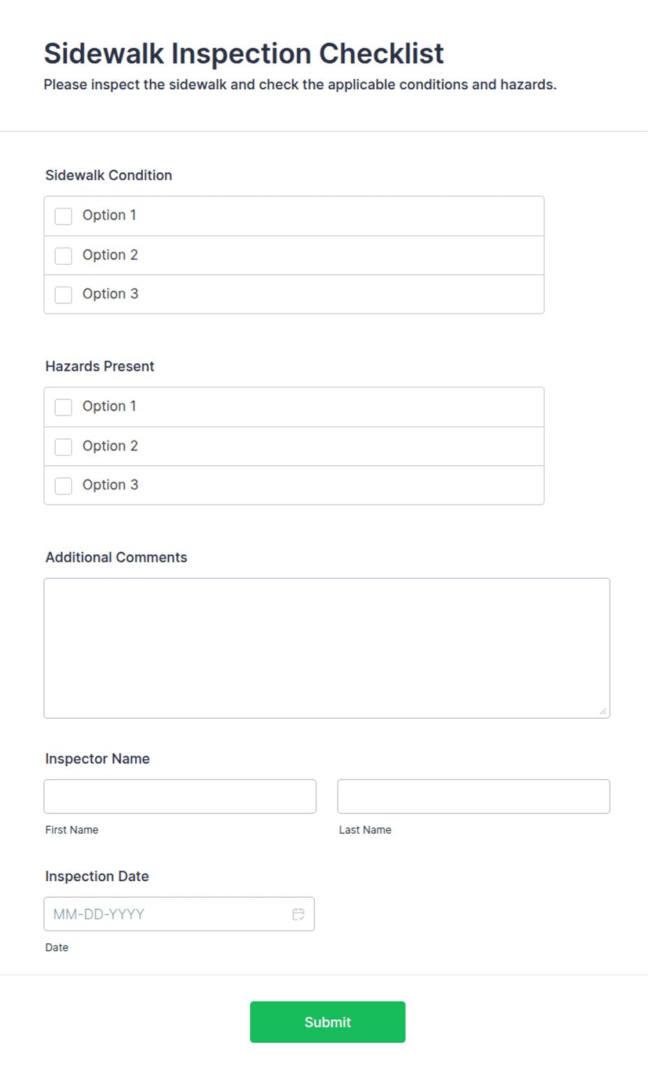 Street Sign Inspection Form Sidewalk Inspection Checklist Form Template | Jotform