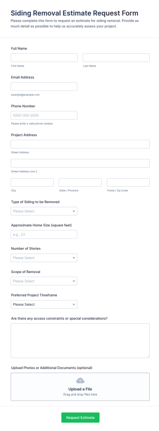 Siding Removal Estimate Request Form Template