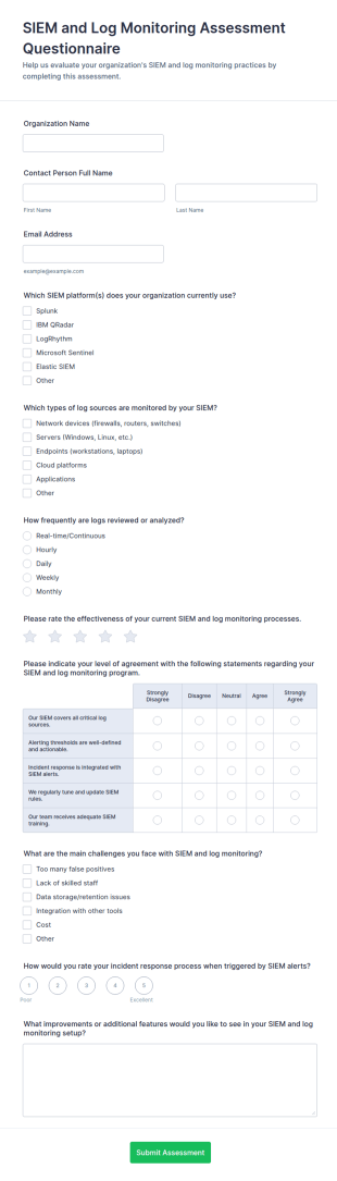 SIEM And Log Monitoring Assessment Questionnaire Form Template
