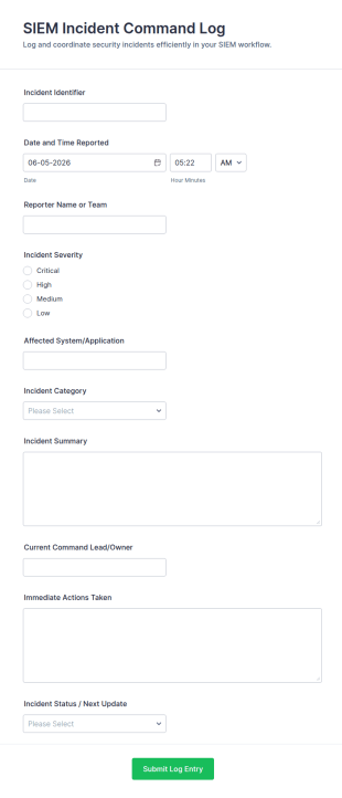 SIEM Incident Command Log Form Template