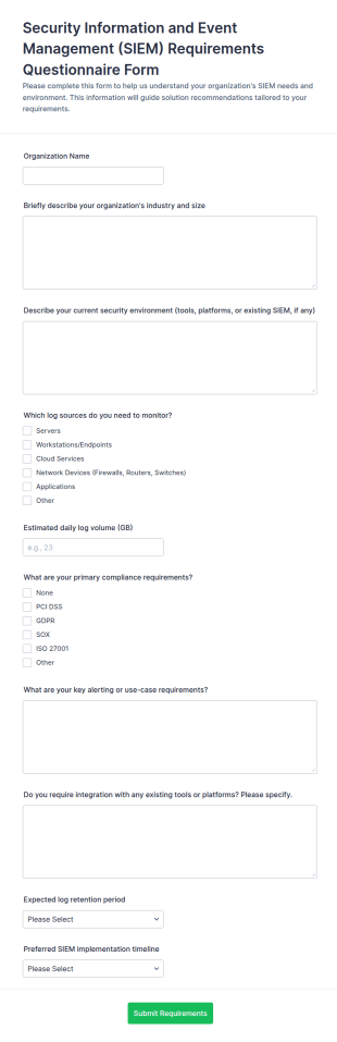SIEM Requirements Questionnaire Form Template