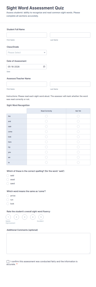 Sight Word Assessment Quiz Form Template