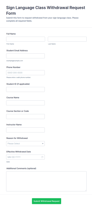 Sign Language Class Withdrawal Request Form Template