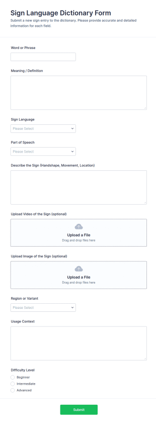Sign Language Dictionary Form Template
