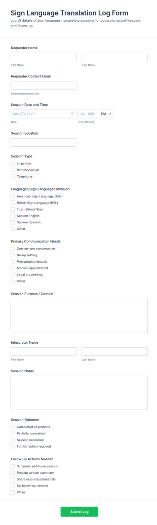 Sign Language Translation Log Form Template