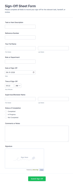 Sign Off Sheet Form Template