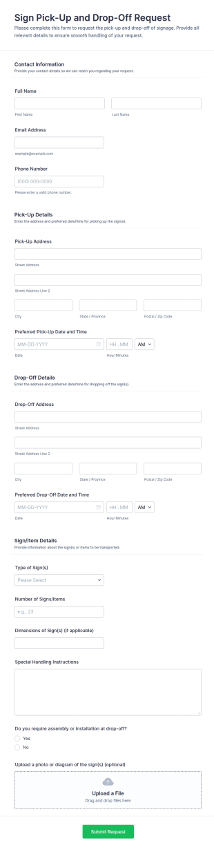 Sign Pick Up And Drop Off Request Form Template
