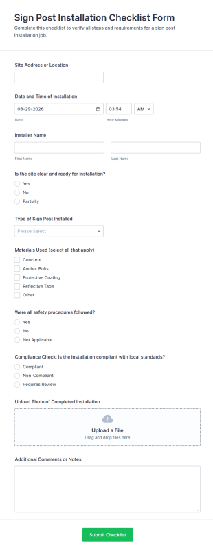 Sign Post Installation Checklist Form Template