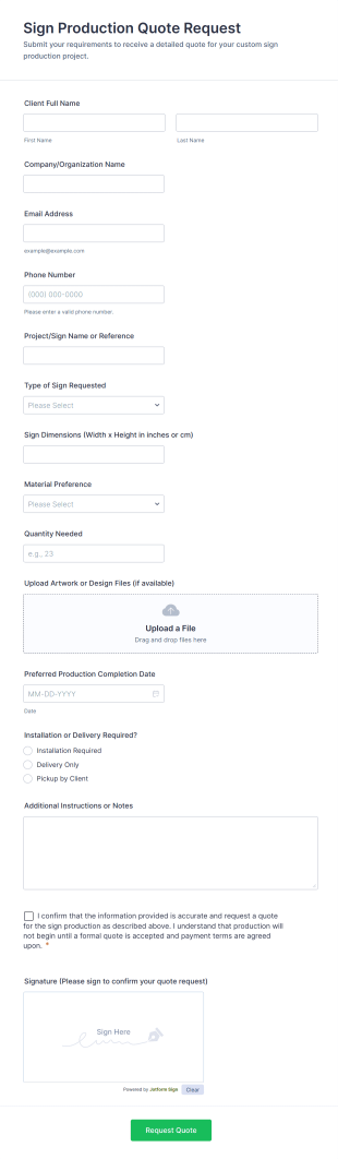 Sign Production Quote Request Form Template