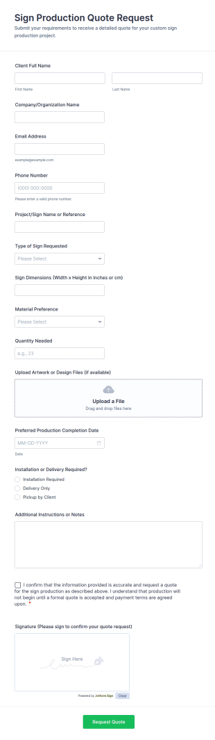 Sign Production Quote Request Form Template