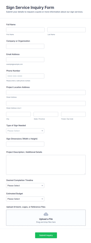 Sign Service Inquiry Form Template