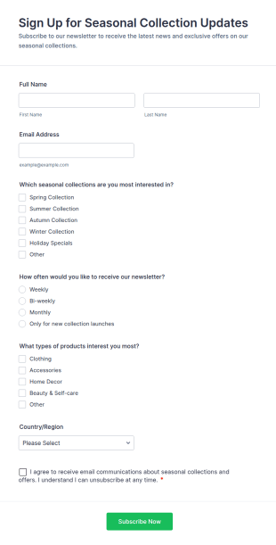 Sign Up For Seasonal Collection Updates Form Template