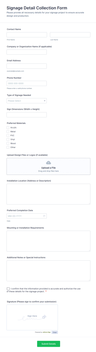 Signage Detail Collection Form Template