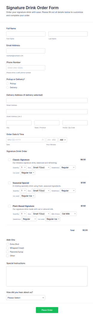 Signature Drink Order Form Template